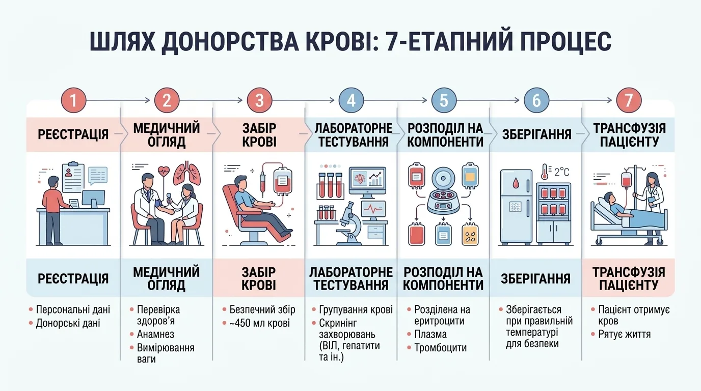 Схема шляху донорської крові від реєстратури до видачі компонентів
