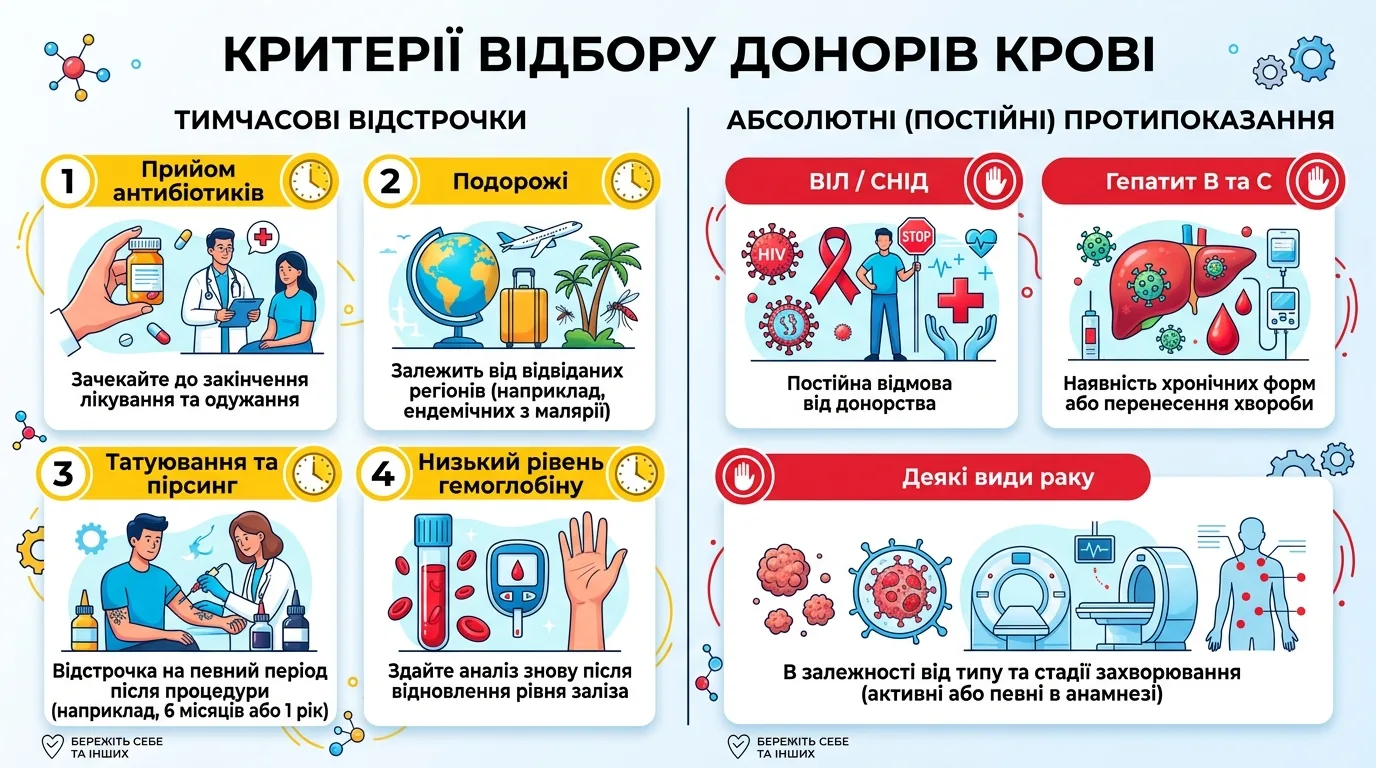 Плакат: тимчасові відстрочки та абсолютні протипоказання до донорства