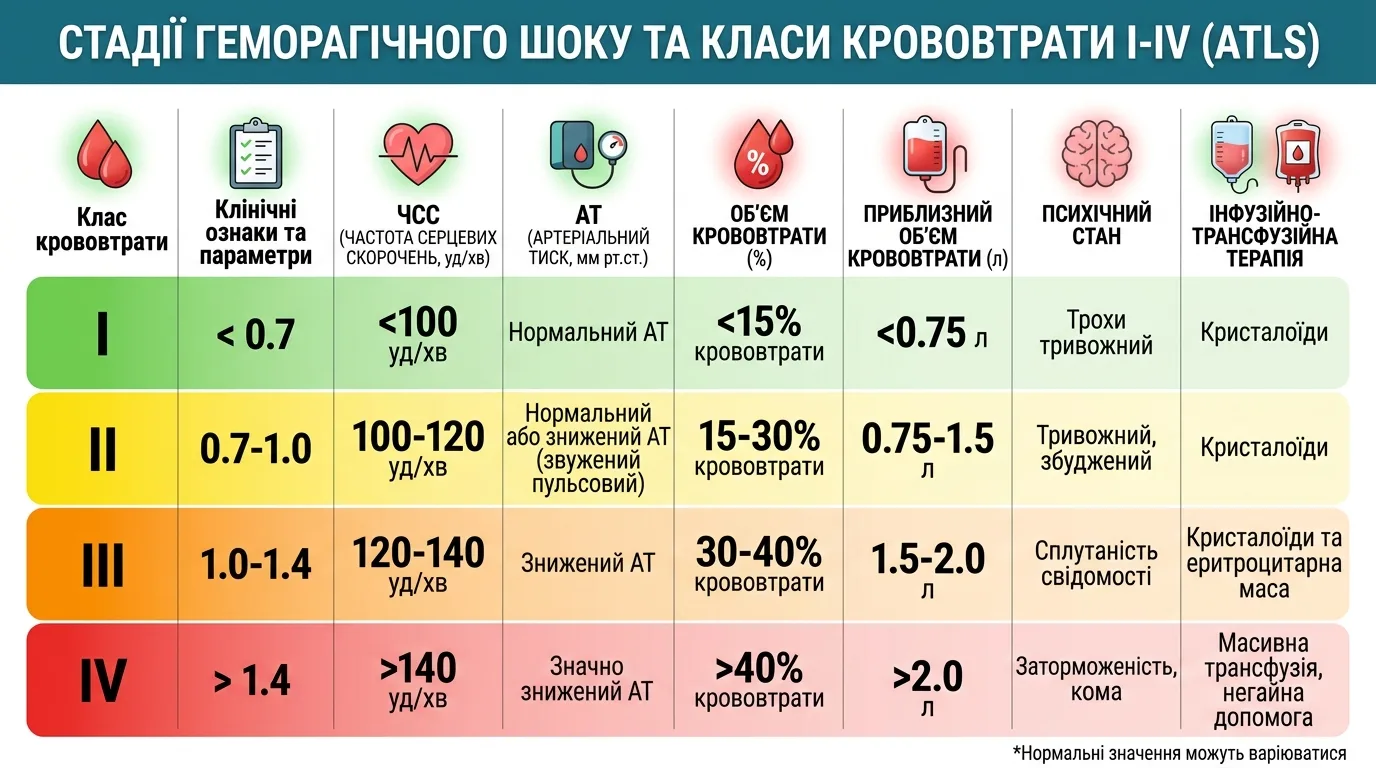 Таблиця-плакат: стадії геморагічного шоку та класи крововтрати за ATLS