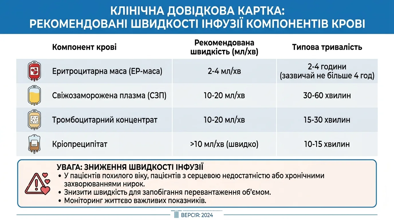 Довідкова картка: рекомендовані швидкості інфузії компонентів крові