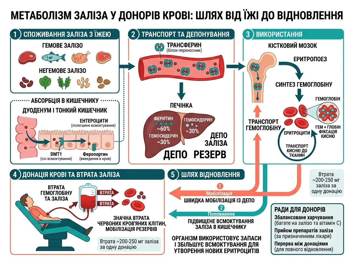 Плакат: шлях заліза від їжі до відновлення після донації