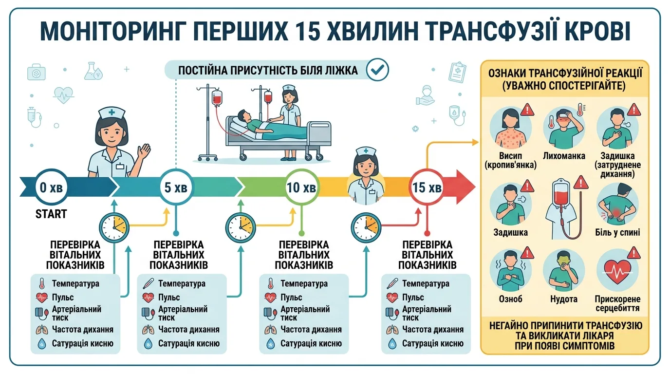 Схема моніторингу пацієнта у перші 15 хвилин трансфузії