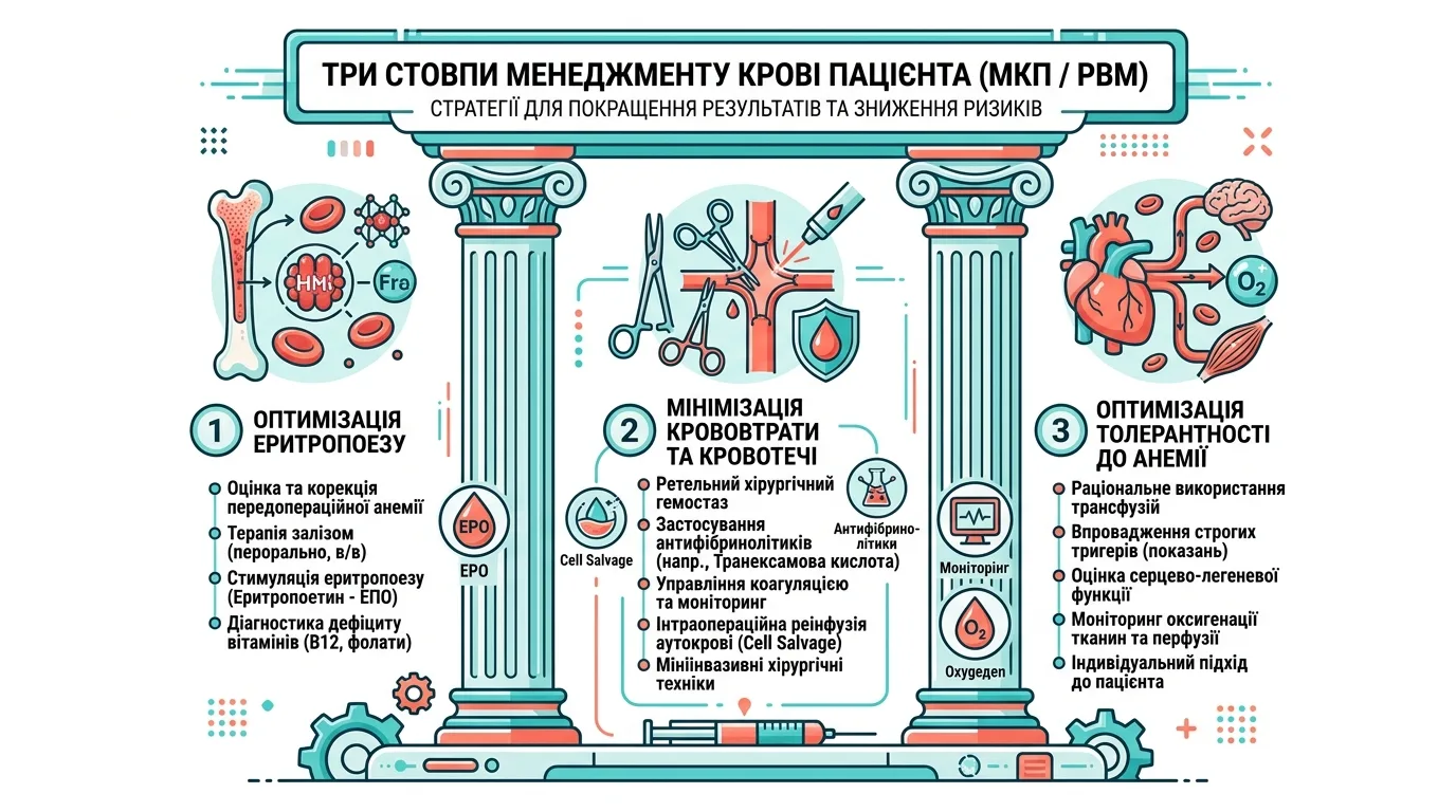Плакат: три стовпи менеджменту крові пацієнта (PBM)