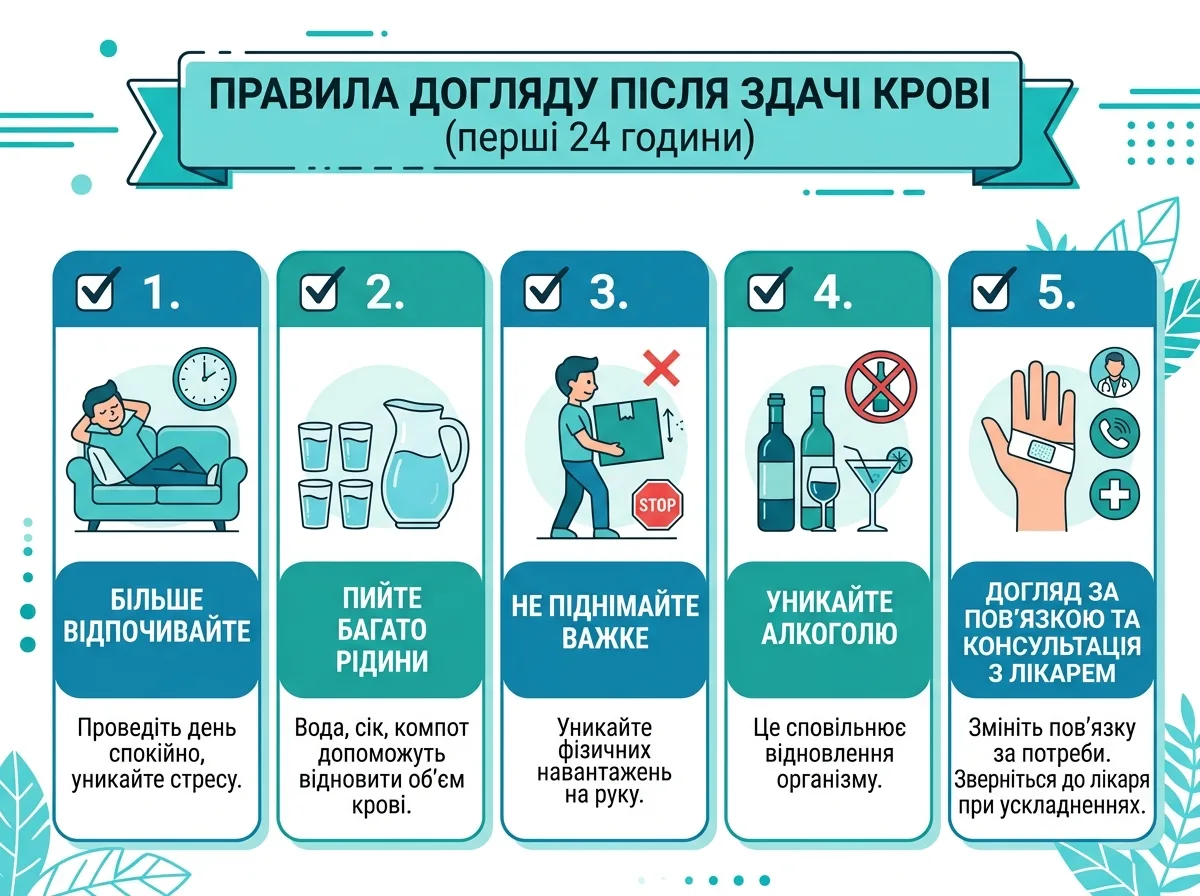 Правила догляду після здачі крові (перші 24 години)