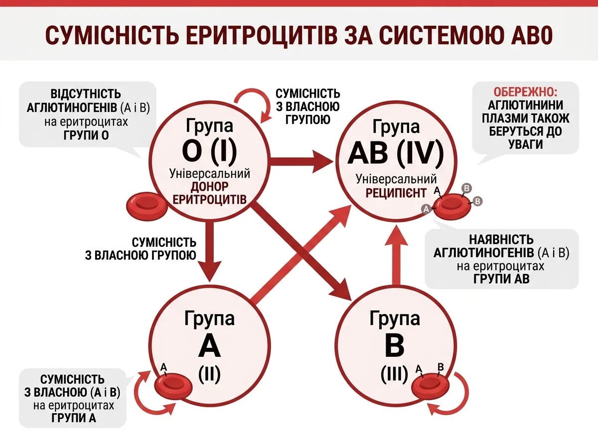 Схема сумісності еритроцитів: O(I) — універсальний донор, AB(IV) — універсальний реципієнт