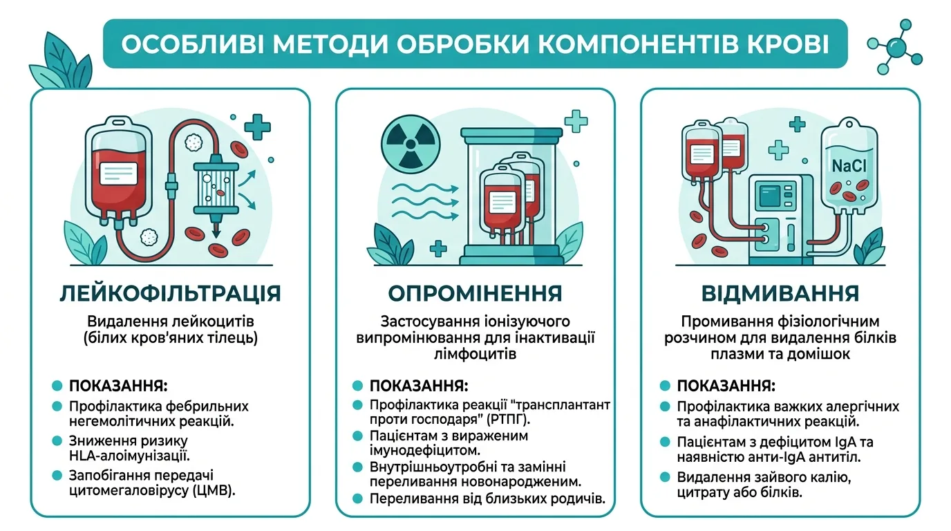 Схема спеціальної обробки компонентів крові та редукції патогенів