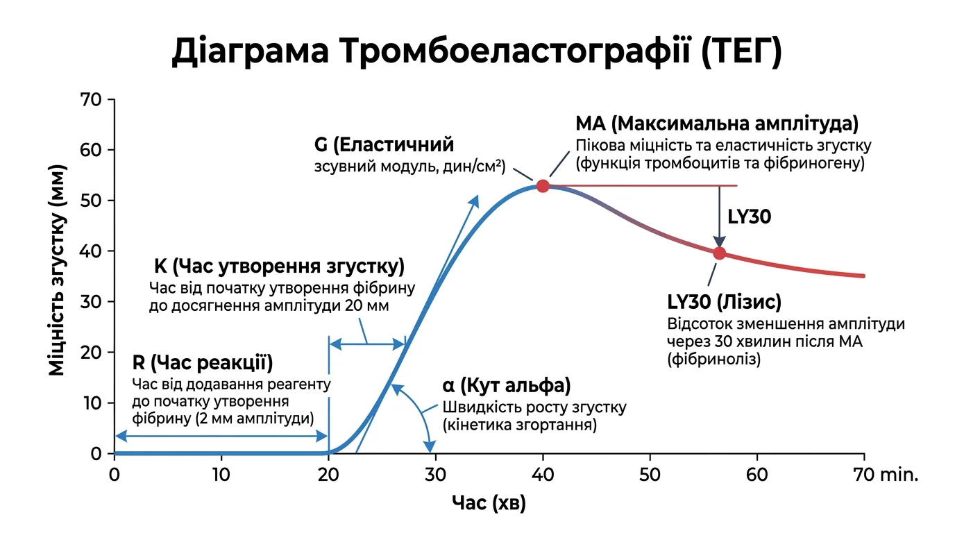 Діаграма тромбоеластографії з розшифровкою параметрів R, K, alpha, MA, G, LY30